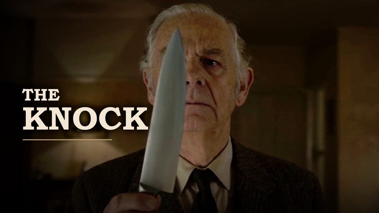 The Knock — an elderly man holding a kitchen knife in a dim hallway; title card of the Foways AI short film
